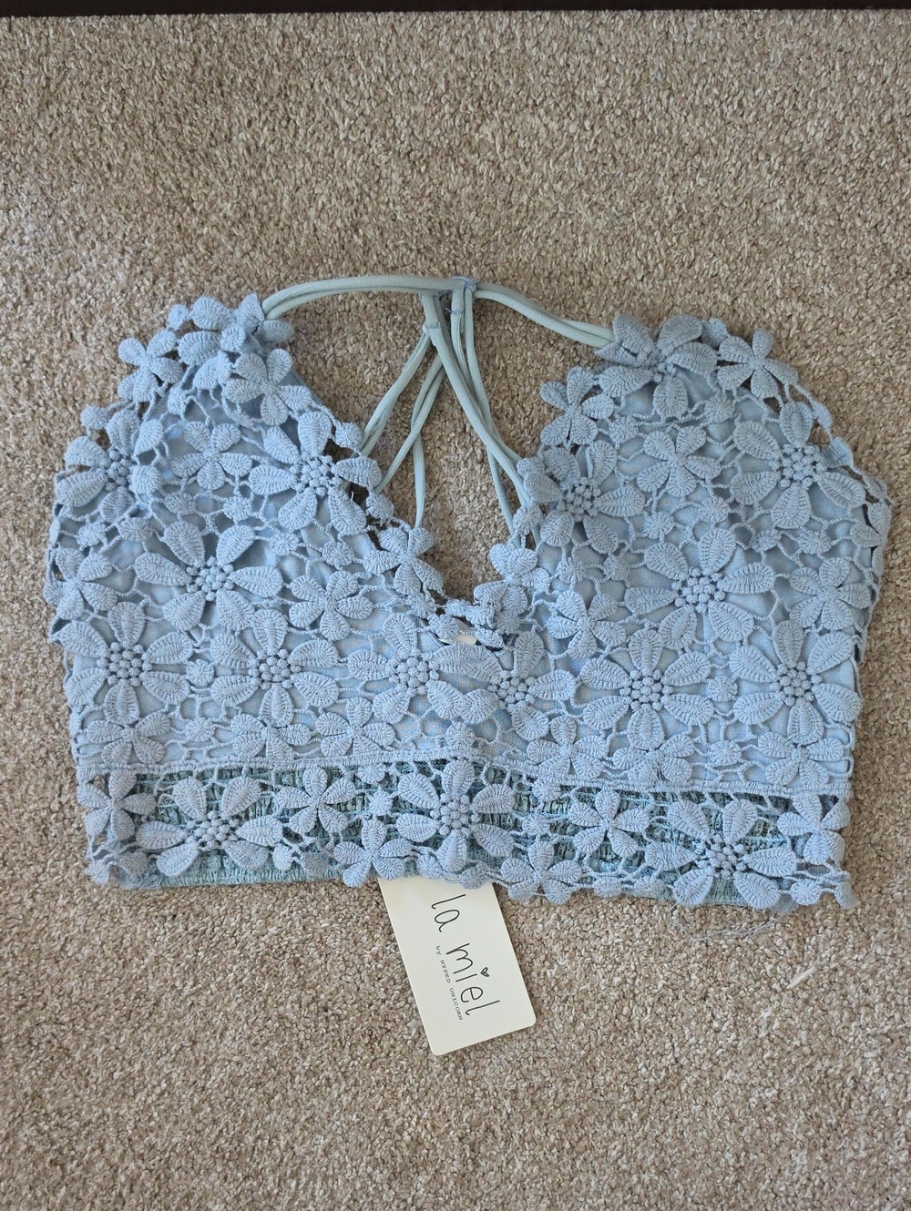LA MIEL Pale Blue Crochet Floral Bralette